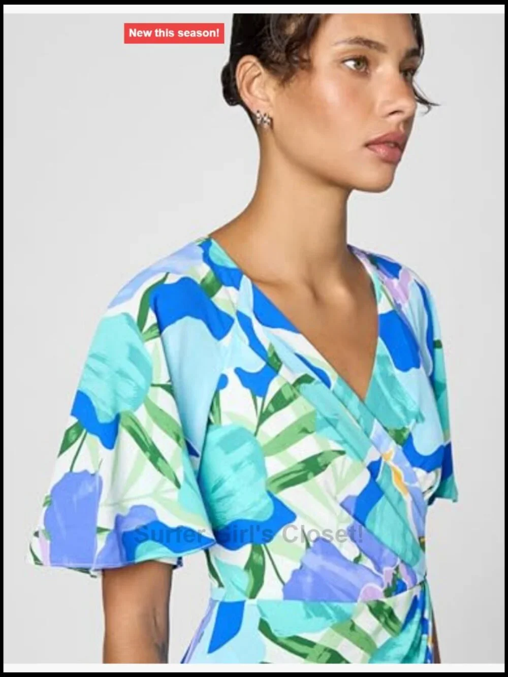 Women's Short Flutter Sleeve Faux Wrap Midi Dress Polyester Spandex Floral